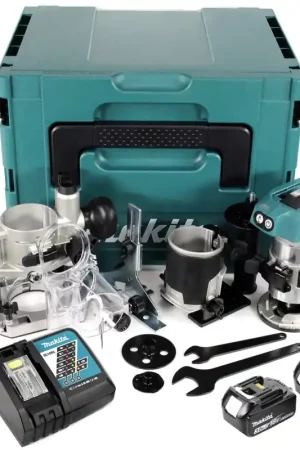 Makita DRT 50 RF1J X2 Aflleureuse multifonctions sans fil, sans balai, 18 V Li-Ion - avec module de fraisage + 2x Batteries 3.0 + Chargeur + Makpac Remise