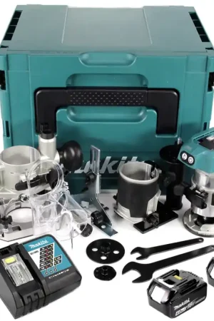 Makita DRT 50 RMJ X2 18 V Li-Ion Affleureuse plaque de plâtre sans fil Brushless avec boîtier Makpac + 2x Batteries BL 1840 4,0 Ah + Chargeur DC18RC + Module de fraisage Produit De Marque