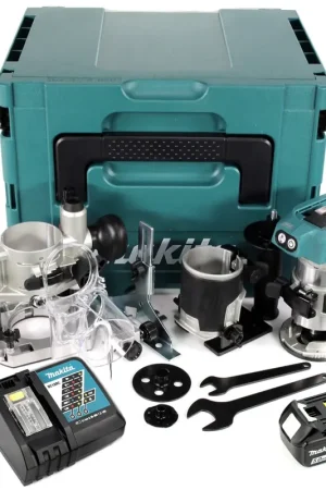 Makita DRT 50 RTJ X2 18 V Li-Ion Affleureuse plaque de plâtre sans fil Brushless avec boîtier Makpac + 1x Batterie BL 1850 5,0 Ah + Chargeur DC18RC + Module de fraisage Expédié Aujourd'hui