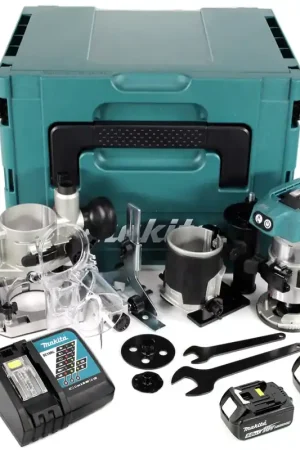 Makita DRT 50 RTJ X2 18 V Li-Ion Affleureuse plaque de plâtre sans fil Brushless avec boîtier Makpac + 2x Batteries BL 1850 5,0 Ah + Chargeur DC18RC + Module de fraisage Authentique
