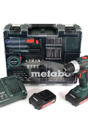 Metabo BS 18 L Set 18 V Perceuse-visseuse sans fil avec boîtier + 2x Batteries 2,0 Ah + Chargeur SC 60 Plus + Jeu d'outils d'embouts et de forets ( 602321870 ) Prix Réduit