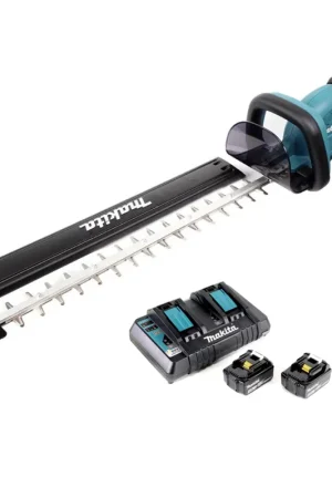 Certifié Makita DUH 551 PM 36 V / 2x 18V Li-Ion Taille-haie sans fil (55 cm longueur de coupe) + 2x Batteries Makita BL 1840 4,0 Ah / 4000 mAh + Chargeur DC 18 RD à deux compartiments