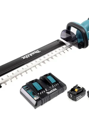 Pas Cher Makita DUH 551 PT 36 V / 2x 18V Li-Ion Taille-haie sans fil (55 cm longueur de coupe) + 2x Batteries Makita BL 1850 5,0 Ah / 5000 mAh + Chargeur DC 18 RD à deux compartiments