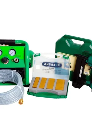 Prebena 2P-J50SD-S Cloueur pneumatique pour pointes (Clous) avec Coffret de transport + Tuyau d'air comprimé 10 m + Compresseur VITAS 45 + Agrafes J-BOX 8.000 Jusqu'à Épuisement Des Stocks