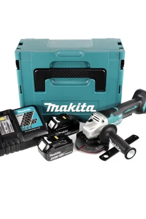 Makita DGA 458 RMJ 18 V Li-Ion Meuleuse sans fil 115 mm Brushless dans un Coffret Makpac + 2x Batteries BL 1840 B 4,0 Ah + Chargeur rapide DC 18 RC Offre Exclusive