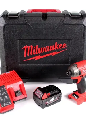 Petit Prix Milwaukee M18 FQID 401C 18 V 1/4" Visseuse à percussion hydraulique silencieuse sans fil, sans balai + 1x Batterie M18 B4 4,0 Ah + Chargeur M12-18C + Coffret