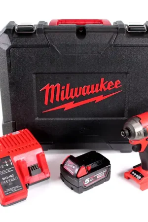 Produit De Marque Milwaukee M18 FQID 501C 18 V 1/4" Visseuse à chocs hydraulique silencieuse sans fil, sans balai + 1x Batterie M18 B5 5,0 Ah + Chargeur M12-18C + Coffret