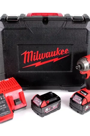 Milwaukee M18 FQID 502C 18 V 1/4" Visseuse à percussion hydraulique silencieuse sans fil, sans balai + 2x Batteries M18 B5 5,0 Ah + Chargeur M12-18C + Coffret Offre Limitée