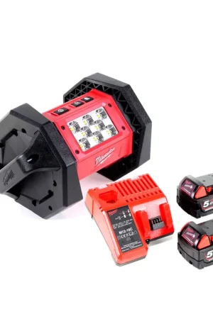 Prix Cassé Milwaukee M18 AL-502C Projecteur de chantier LED sans fil 1100 lumens + 2x Batteries 5,0 Ah + Chargeur