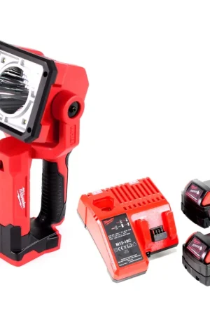 Achetez Aujourd'hui Projecteur portatif à batterie Milwaukee M18 SLED-502C avec 1250 lumens + 2 batteries 5,0 Ah + chargeur universel