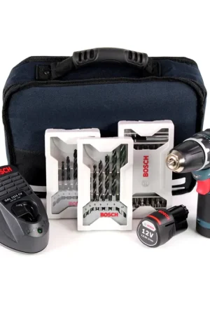 Bosch GSR 12V-15 Akku Perceuse-visseuse sans fil + Coffret de transport + 2x Batteries 1,5 Ah + Chargeur + 39 Jeu de forets ( 0615990GA9 ) Certifié