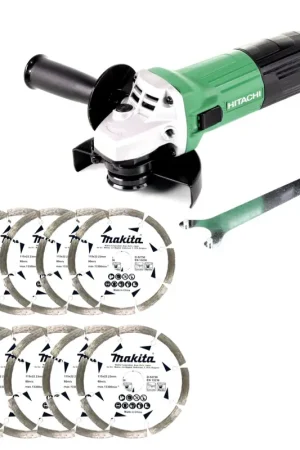 Hitachi G 12 STX Meuleuse d'angle 115mm, 600W + 10x Disques de coupe diamantés pour béton et pierre 115 x 22,23 mm Réduction