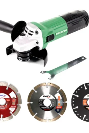 Hitachi G 12 STX Meuleuse d'angle 115 mm 600 W + Carton + 3x Disques à tronçonner Diamant WellCut : 1x Plastique spécial + 1x Usage général segmenté + 1x Profi mortier - brique Soldes