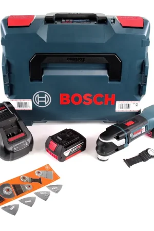 Remise Bosch GOP 18 V-28 Professional Brushless Outil multifonctions découpeur-ponceur sans fil avec StarlockPlus + boîtier L-Boxx + 2x Batteries GBA 6,0 Ah + Chargeur GAL 1880 CV + Jeu d'accessoires FEIN 17 pcs