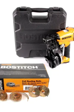 Bostitch RN46K-2-E Cloueur à rouleau pneumatique 45 mm à chargement rapide + Coffret de transport pour CR 19 - 45 mm + 7200 Clous de toiture CR2DCGAL 3.05-22 GAL8 7.2M 7/8“ / 22 mm Petit Prix