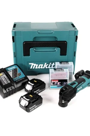 Authentique Makita DTM 51 RMJX2 Outil multifonction sans fil + 2x Batterie 4,0 Ah + Chargeur + Makpac + Lame de scie et de ponçage + Raccord d'aspiration