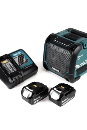 Dernière Chance Makita DMR 202 RM Haut-parleur de chantier 18V - pour fonctionnement sur batterie et secteur, avec fonction Bluetooth, prise AUX, port USB, écran LCD + 2x batterie 4,0 Ah + chargeur
