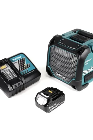 Réduction Makita DMR 202 RF1 Haut-parleur de chantier 18V - pour fonctionnement sur batterie et secteur, avec fonction Bluetooth, prise AUX, port USB, écran LCD + 1x batterie 3,0 Ah + chargeur