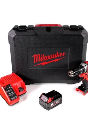Achat Immédiat Milwaukee M18 BLPD 501 Perceuse-visseuse à percussion sans fil 18V Brushless + 1x Mandrin à serrage rapide 13mm + 1x Batterie M18 B5 18V/5,0Ah + Chargeur M12-18C + Coffret
