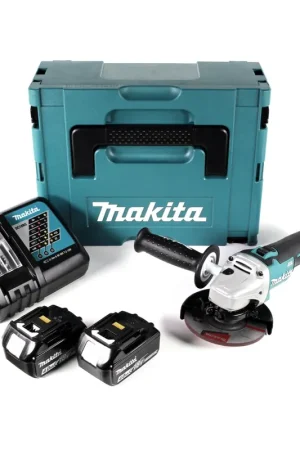 Promotion Makita DGA 511 RMJ Meuleuse d'angle sans fil 18V 125mm Brushless + 2x Batteries 4,0Ah + Chargeur + Coffret Makpac