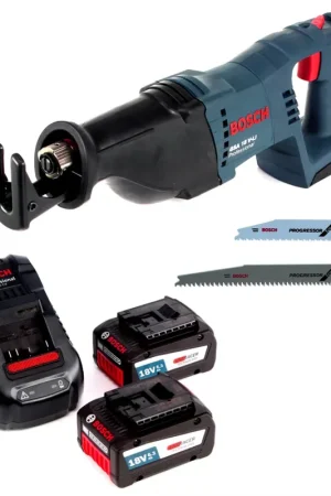 Promotion Bosch GSA 18V-Li N Scie sabre sans fil 18 V Li-Ion + 2 x Lames de scie + 2 x Batteries 6,3 Ah + Chargeur - sans Coffret