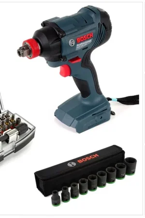 Nouvelle Collection Bosch GDX 18 V-180 Li-Ion Visseuse-boulonneuse à chocs sans fil 180 Nm + 1x Douille hexagonale 1/4", douille carrée 1/2" + Clé à douille + 32 pièces jeux d'embouts - sans Batterie, sans Chargeur