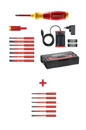 Dernière Chance Wiha speedE® Tournevis électronique - Set 2 + Coffret L-Box - 13 pièces + 2x Batteries 1,5 Ah + Chargeur + Embouts et adaptateurs de couple ( 41912 ) + Embouts Set slimBit Torx 6 - pièces ( 42210 )