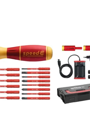 Wiha speedE® Tournevis électrique + 2x batteries 1,5Ah + chargeur + 14x slimBits Vario/électrique + 2x Adaptateurs Easytorque Offre Limitée