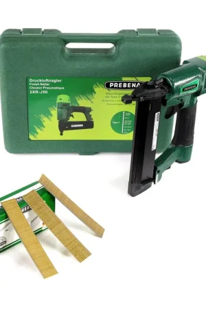 Bon Plan Prebena 2XR-J50 Cloueur pneumatique en mallette de transport + Prebena Cloueur à tête refoulé Brads 25 mm 5000 pcs - en acier galvanisé, résiné