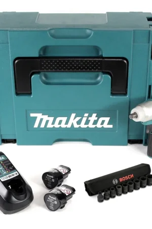 Clé à chocs sans fil Makita TW 100 DWEJ 10,8 V 3/8" en Makpac + 2 x batterie BL1013 1,3 Ah + chargeur DC 10 WA + jeu de 9 clés à douilles 3/8" Top Vente