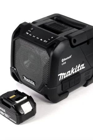Dernier Modèle Makita DMR 202 M1 B Enceinte de chantier noir Batterie Bluetooth et fonctionnement sur secteur avec 1 batterie 4,0 Ah - sans chargeur
