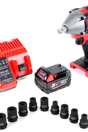 Retour Gratuit Milwaukee M18 BIW12-0 Bouleunneuse à percussion sans fil 18 V + 1x Batterie 5,0Ah + Chargeur + Set de douilles, 9pcs.