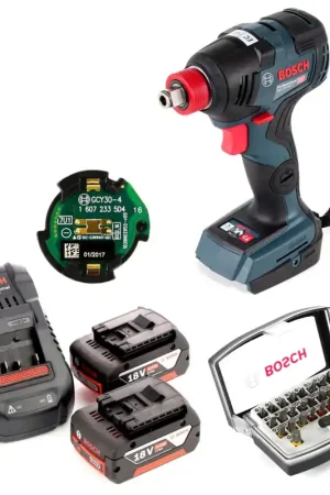 Produit De Marque Clé à chocs rotative Bosch GDX 18 V-200 C Professional avec batterie Li-Ion 18 V + 2 batteries 5,0 Ah + chargeur + jeu d'embouts 32 pièces + module de connectivité Bluetooth GCY 30-4