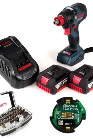 Réduction Clé à chocs rotative Bosch GDX 18 V-200 C Professional avec batterie Li-Ion 18 V + 2 batteries 6,0 Ah + chargeur + jeu d'embouts 32 pièces + module de connectivité Bluetooth GCY 30-4
