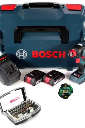 Clé à chocs rotative Bosch GDX 18 V-200 C Professional avec batterie Li-Ion 18 V sans balais en L-Boxx + 2 batteries 2,0 Ah + chargeur + jeu d'embouts 32 pièces + module de connectivité Bluetooth GCY 30-4 Quantité Limitée