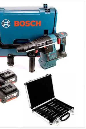 Promotion Bosch GBH 18V-26 F Perceuse à percussion sans fil sans balai SDS-Plus 18V 2.6J + 2x Batteries 5.0Ah + Chargeur + 11 pièces. Jeu de burins et de forets en coffret + L-Boxx
