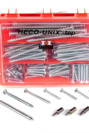 HECO UNIX-top Assortiment de vis - 254 pièces( 45495 ) tête combi Torx T-Drive à filetage total, zingué A2K + Boîte de transport en plastique Affaire À Saisir