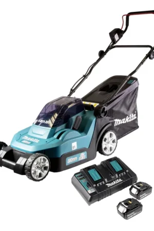 Offre Limitée Makita DLM 432 PG2 Tondeuse à gazon sans fil 36 V (2x 18 V) 43 cm brushless + 2x Batteries 6.0 Ah + Chargeur double
