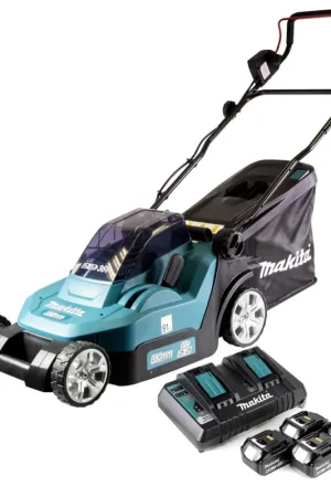 Promotion Saisonnière Makita DLM 432 PG4 Tondeuse à gazon sans fil 36 V (2x 18 V) 43 cm brushless + 4x Batteries 6.0 Ah + Chargeur double