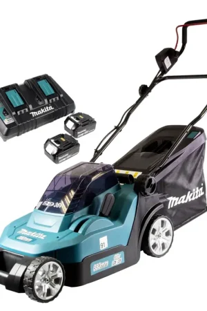 Remise Makita DLM 382 PF2 batterie tondeuse 36 V ( 2x 18 V ) 38 cm 40 l + 2x batterie 3,0 Ah + double chargeur