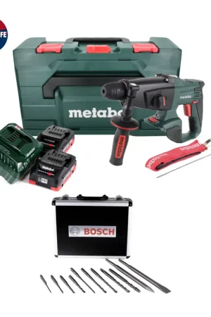 Metabo KHA 18 LTX Perforateur sans fil 18 V 2,2 J SDS Plus + 2x Batteries 4,0 Ah + Chargeur + jeu de perceuses et burins - 11 pièces.Certifié PGM + Coffret metaBOX Offre Limitée