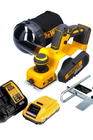 Promotion Saisonnière Raboteuse à batterie DeWalt DCP 580 L1 18 V 82 mm sans balais + sac à poussière DWV 9390 + 1x batterie 3,0 Ah + chargeur