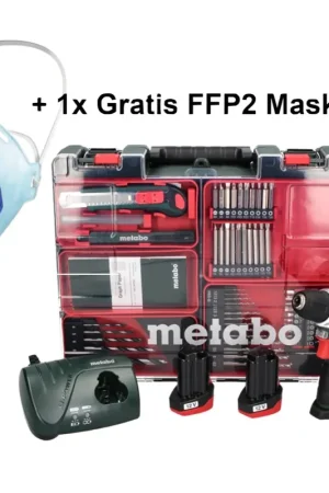 Metabo PowerMaxx BS Basic Set Perceuse-visseuse sans fil 10,8 V 34 Nm ( 600080880 ) + 2x batterie 2,0 Ah + chargeur + 64 pces set de forets à embouts + 1x masque FFP2 + coffret Quantité Limitée