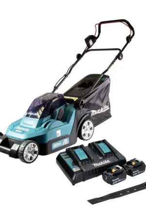Usine Directe Makita DLM 382 PT2 Tondeuse à gazon sans fil 36 V ( 2x 18 V ) 38 cm 40 l + 2x batterie 5,0 Ah + double chargeur + lame de coupe
