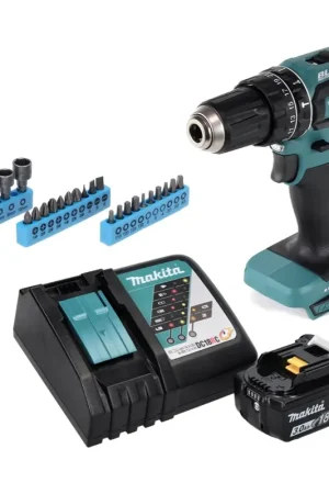 Achat Immédiat Makita DHP 485 RF1 Perceuse-visseuse à percussion sans fil 18 V 50 Nm Brushless + 1x Batterie 3,0 Ah + Chargeur + Jeu de 26 douilles à embouts
