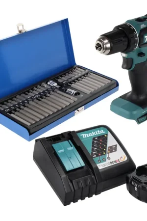 Promotion Makita DDF 485 RF1 Perceuse visseuse sans fil 50 Nm, 18V, sans balais + 1x Batterie 3,0 Ah + Chargeur + Set d'embouts 40 pièces