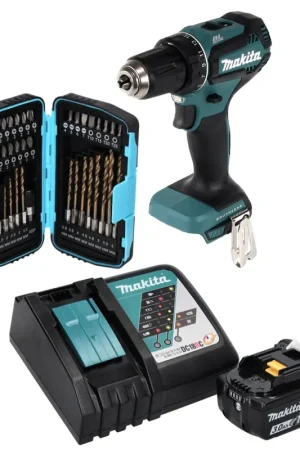 Offre Exclusive Makita DDF 485 RF1 Perceuse visseuse sans fil 50 Nm, 18V, sans balais + 1x Batterie 3,0 Ah + Chargeur + Set de forets à embouts 40 pièces