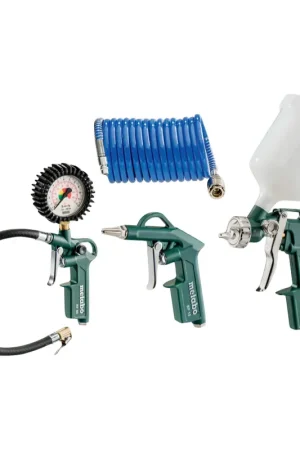 Metabo LPZ 4 Set d'outils à air comprimé (601585000) + Jauge de gonflage des pneus + Pistolet à peinture + Tuyau spiralé Prix Réduit