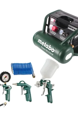 Usine Directe Compresseur Metabo Power 180-5 W OF 8 bar 1,1 kW (601531000) Taille de chaudière 5 l sans huile + jeu d'accessoires 4 pièces
