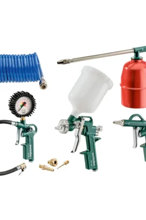 Nouveauté Metabo LPZ 7 Set d'outils à air comprimé soufflette (601586000) + Jauge de gonflage des pneus + Pistolet à peinture + Pistolet vaporisateur + Tuyau spiralé